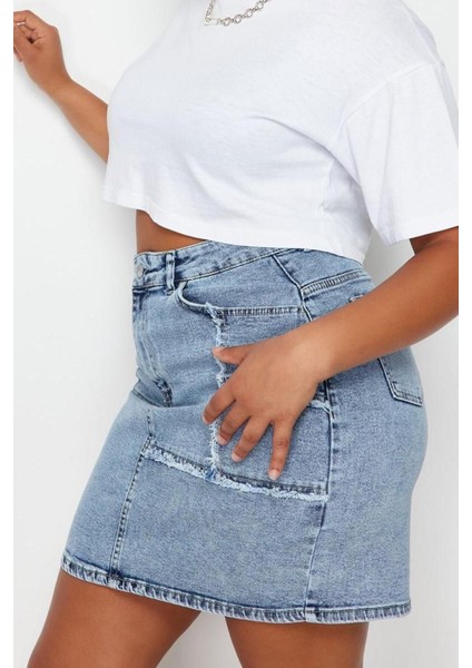 Moda Büyük Beden Regular Düz Desen Günlük Mini Boy Dikiş ve Püskül Detaylı Mini Denim Etek fırsatları