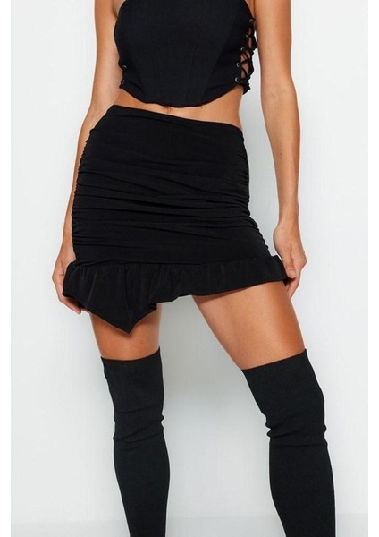 Moda Fitted Düz Desen Şık Gece Mini Boy Vücuda Oturan Drapeli Örme Etek fırsatları