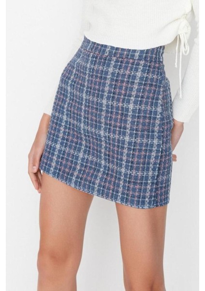 Moda Ekose Desen Resmi Mini Boy Indigo Ekose Desenli Tüvit Kumaş Mini Dokuma Etek