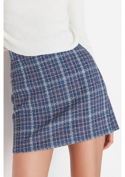 Moda Ekose Desen Resmi Mini Boy Indigo Ekose Desenli Tüvit Kumaş Mini Dokuma Etek