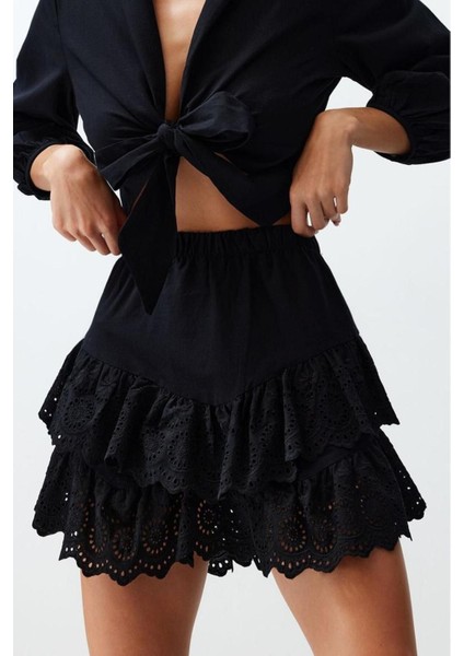 Moda Regular Düz Desen Plaj Mini Boy Siyah Mini Dokuma Fırfırlı %100 Pamuklu Etek fırsatları