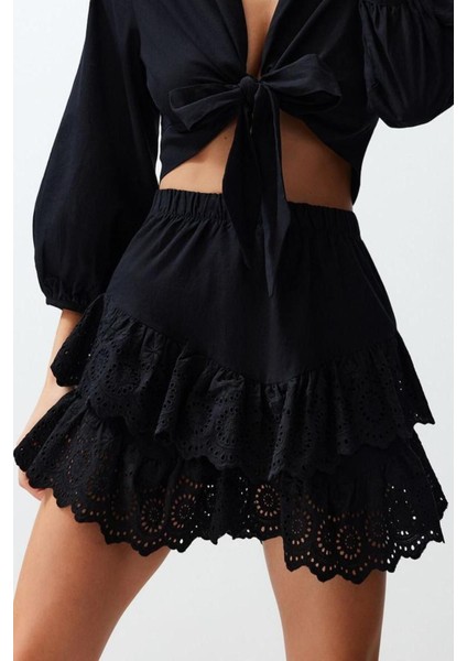 Moda Regular Düz Desen Plaj Mini Boy Siyah Mini Dokuma Fırfırlı %100 Pamuklu Etek
