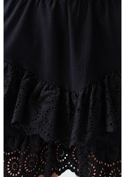 Moda Regular Düz Desen Plaj Mini Boy Siyah Mini Dokuma Fırfırlı %100 Pamuklu Etek