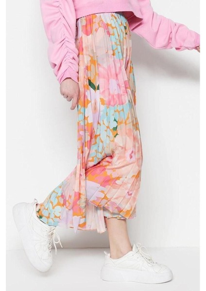 Moda Tesettür Beli Lastikli Çiçekli Desen Günlük Maxi Boy Piliseli Beli Lastikli Dokuma Etek