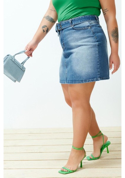 Moda Büyük Beden Regular Düz Desen Günlük Mini Boy Kemerli Mini Denim Etek modelleri