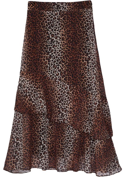 Moda Tesettür Regular Animal Desen Günlük Maxi Boy Leopar Desenli Astarlı Dokuma Etek
