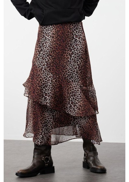 Moda Tesettür Regular Animal Desen Günlük Maxi Boy Leopar Desenli Astarlı Dokuma Etek fiyatları