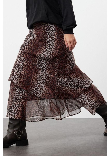 Moda Tesettür Regular Animal Desen Günlük Maxi Boy Leopar Desenli Astarlı Dokuma Etek modelleri