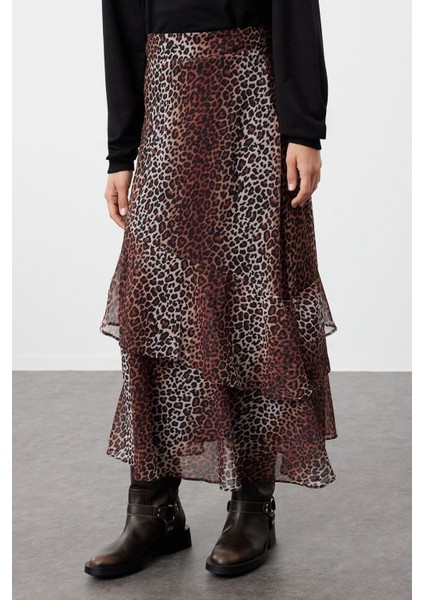 Moda Tesettür Regular Animal Desen Günlük Maxi Boy Leopar Desenli Astarlı Dokuma Etek indirimleri