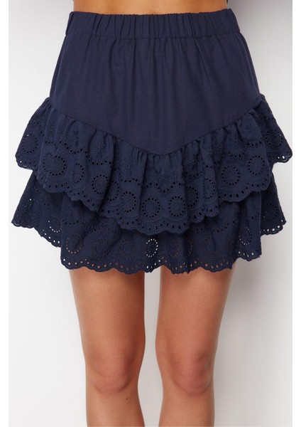 Moda Regular Düz Desen Plaj Mini Boy Lacivert Mini Dokuma Brode Detaylı Etek