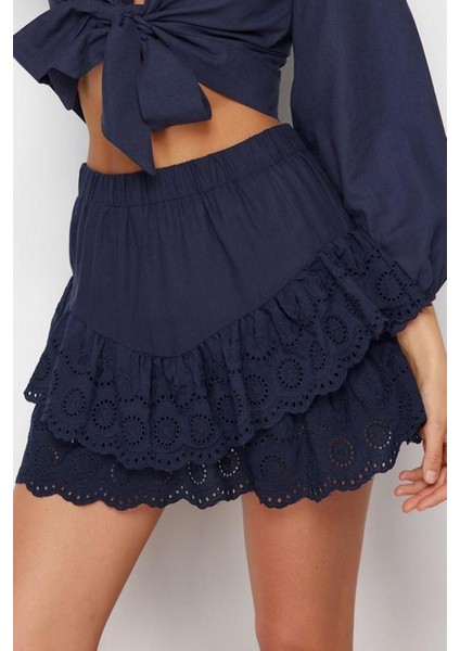 Moda Regular Düz Desen Plaj Mini Boy Lacivert Mini Dokuma Brode Detaylı Etek modelleri
