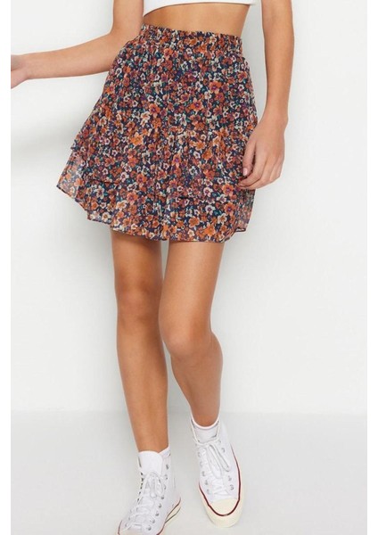 Moda A-Line Çiçekli Desen Günlük Mini Boy Astarlı Volanlı Şifon Mini Dokuma Etek fiyatları