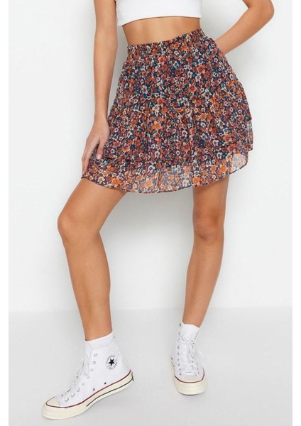 Moda A-Line Çiçekli Desen Günlük Mini Boy Astarlı Volanlı Şifon Mini Dokuma Etek modelleri