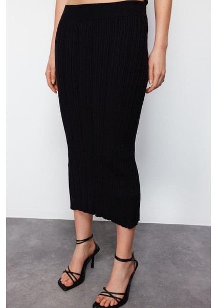 Moda Bodycon Düz Desen Günlük Midi Boy Triko Premium Iplik Özel Iplik Etek