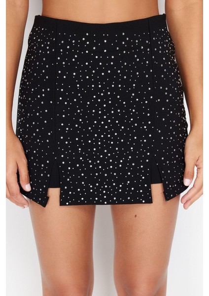 Moda Fitted Düz Desen Şık Gece Mini Boy Parlak Taşlı Dokuma Şort Etek