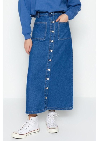 Moda Yüksek Bel Düz Desen Günlük Maxi Boy Koyu Indigo Çift Cepli Yüksek Bel Denim Kot Etek fiyatları