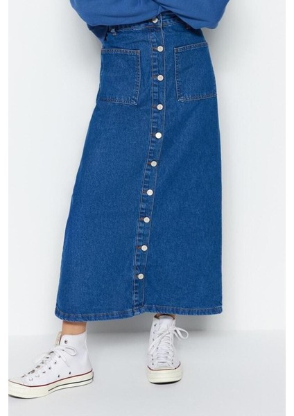 Moda Yüksek Bel Düz Desen Günlük Maxi Boy Koyu Indigo Çift Cepli Yüksek Bel Denim Kot Etek modelleri