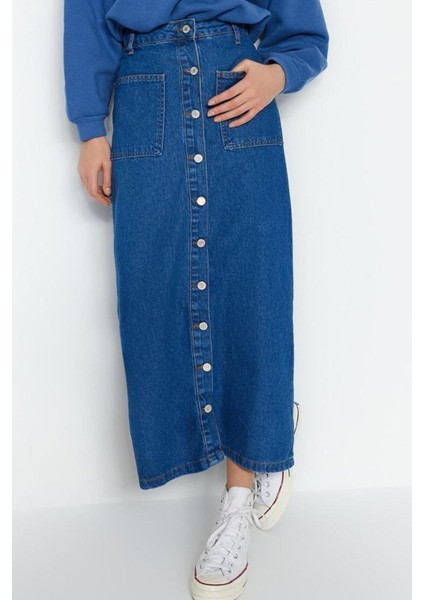 Moda Yüksek Bel Düz Desen Günlük Maxi Boy Koyu Indigo Çift Cepli Yüksek Bel Denim Kot Etek fırsatları