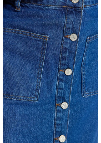 Moda Yüksek Bel Düz Desen Günlük Maxi Boy Koyu Indigo Çift Cepli Yüksek Bel Denim Kot Etek indirimleri