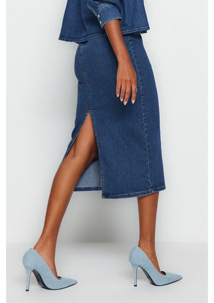 Moda Regular Düz Desen Günlük Midi Boy Dikiş Detaylı Midi Kalem Denim Etek fiyatları