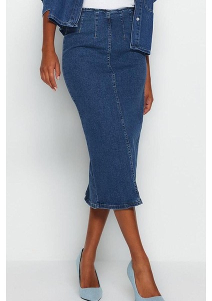 Moda Regular Düz Desen Günlük Midi Boy Dikiş Detaylı Midi Kalem Denim Etek modelleri