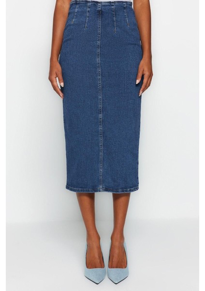 Moda Regular Düz Desen Günlük Midi Boy Dikiş Detaylı Midi Kalem Denim Etek indirimleri