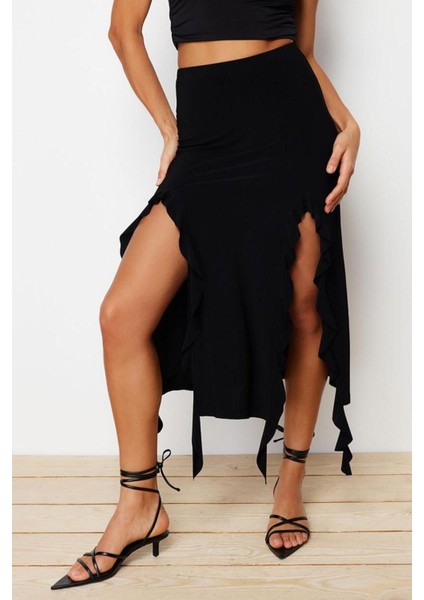 Moda Regular Düz Desen Günlük Midi Boy Yırtmaç ve Fırfır Detaylı Maxi Etek fiyatları