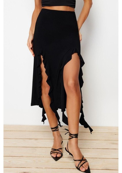 Moda Regular Düz Desen Günlük Midi Boy Yırtmaç ve Fırfır Detaylı Maxi Etek modelleri