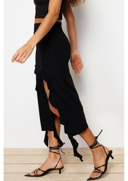 Moda Regular Düz Desen Günlük Midi Boy Yırtmaç ve Fırfır Detaylı Maxi Etek fırsatları