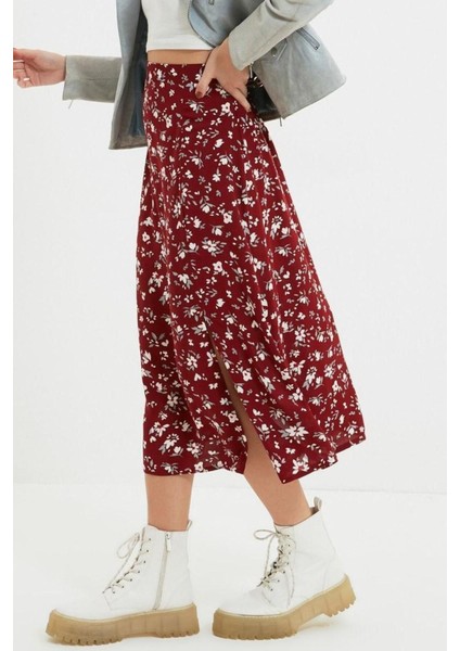 Moda A-Line Çiçekli Desen Günlük Midi Boy Yırtmaç Detaylı Viskon Kumaşlı Midi Dokuma Etek fırsatları
