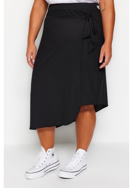 Moda Büyük Beden Relaxed Düz Desen Günlük Midi Boy Anvelop Yandan Bağlamalı Örme Etek