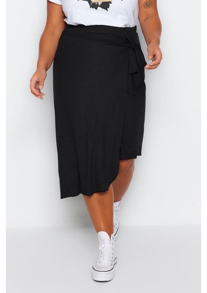 Moda Büyük Beden Relaxed Düz Desen Günlük Midi Boy Anvelop Yandan Bağlamalı Örme Etek
