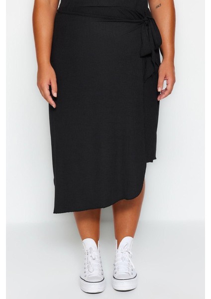 Moda Büyük Beden Relaxed Düz Desen Günlük Midi Boy Anvelop Yandan Bağlamalı Örme Etek
