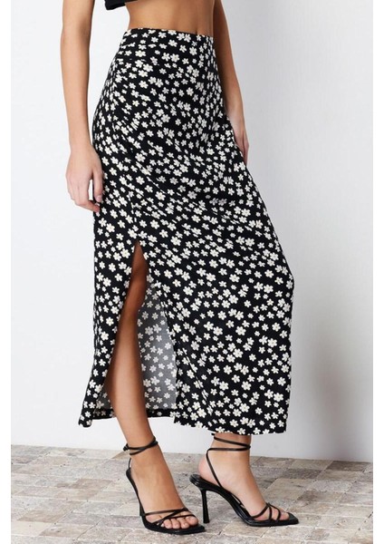 Moda Regular Çiçekli Desen Günlük Midi Boy Papatya Desenli Yırtmaçlı Viskon Kumaşlı Midi Dokuma Etek fırsatları