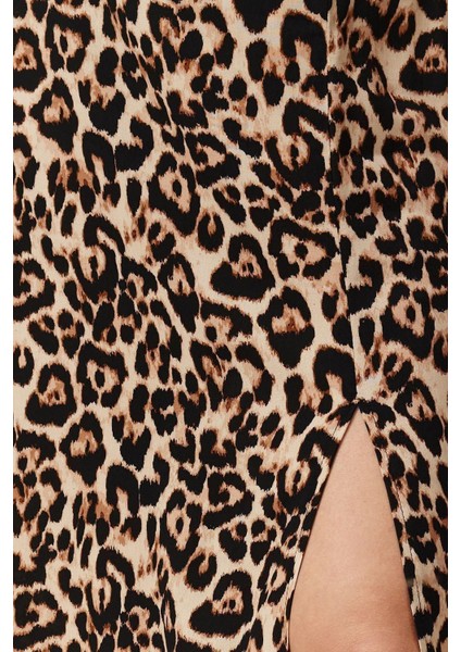 Moda Regular Baskılı Desen Günlük Maxi Boy Leopar Desenli Yırtmaç Detaylı Viskon Kumaş Dokuma Etek indirimleri