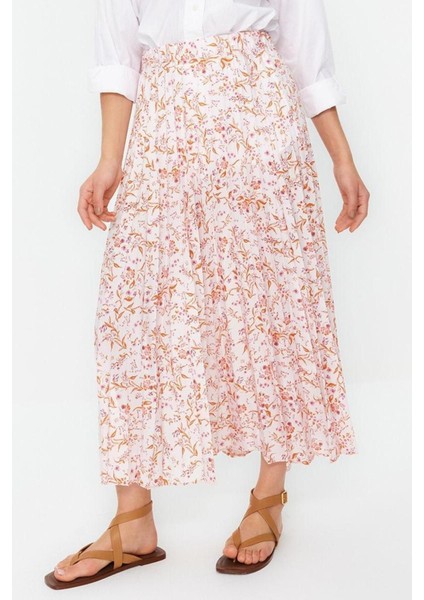 Moda Tesettür Beli Lastikli Çiçekli Desen Günlük Maxi Boy Piliseli Beli Lastikli Dokuma Etek modelleri