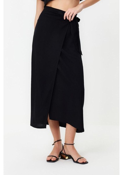 Moda Regular Düz Desen Günlük Maxi Boy Bağlamalı Viskon Dokuma Etek