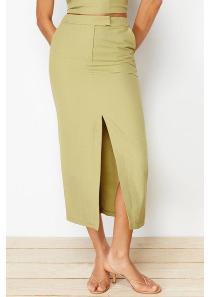 Moda Düz Desen Günlük Midi Boy Premium Önden Yırtmaçlı Midi Boy Dokuma Etek modelleri