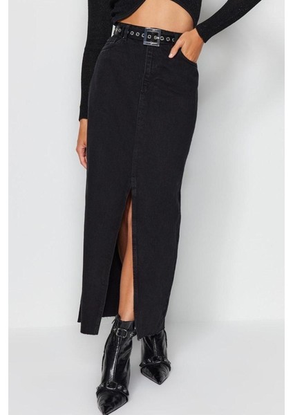 Moda Denim Düz Desen Günlük Maxi Boy Yırtmaçlı Maxi Denim Etek fırsatları