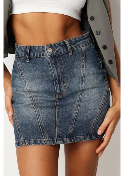 Moda Denim Düz Desen Günlük Mini Boy Dikiş Detaylı Yüksek Bel Mini Denim Etek fiyatları
