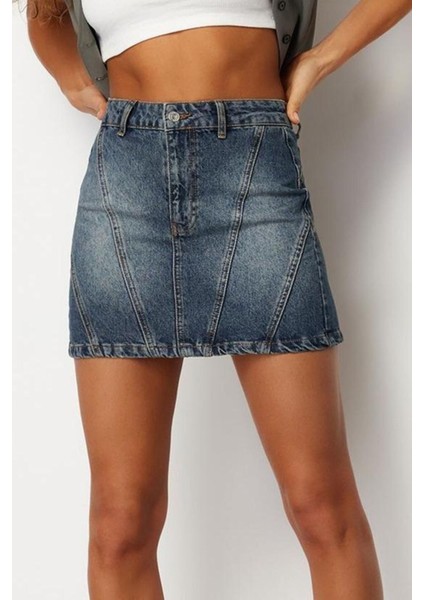 Moda Denim Düz Desen Günlük Mini Boy Dikiş Detaylı Yüksek Bel Mini Denim Etek modelleri