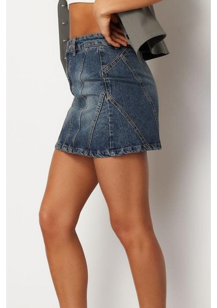 Moda Denim Düz Desen Günlük Mini Boy Dikiş Detaylı Yüksek Bel Mini Denim Etek fırsatları