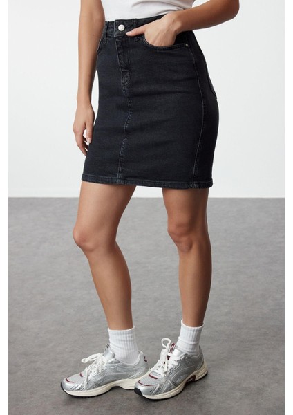 Moda A-Line Düz Desen Günlük Mini Boy Basic Yüksek Bel Mini Denim Etek
