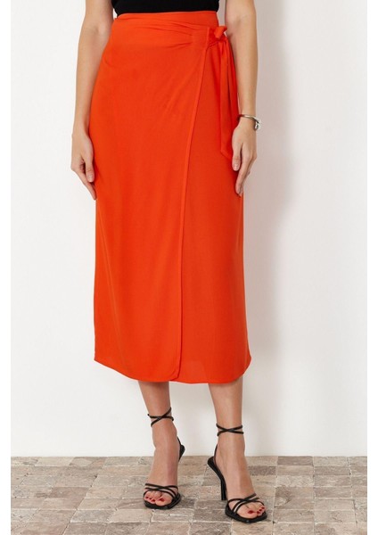 Moda Regular Düz Desen Günlük Maxi Boy Bağlamalı Kruvaze Kapama Viskon Kumaşlı Maxi Boy Dokuma Etek