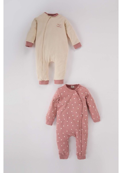 Kız Bebek Yenidoğan Baskılı Puantiyeli Fermuarlı Uzun Kollu 2'li Tulum D6015A524WN