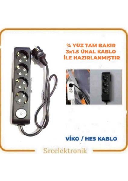 Multi-Let 4 Lü Siyah (1 ile 10 Metre Arası) Anahtarlı Topraklı Çocuk Korumalı Uzatma ( 3x1.5 Ünal Kablo Tam Bakır) Ttr Kablo Tseli HO5VV-F
