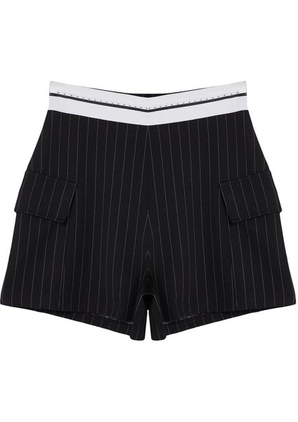Moda Örme Yüksek Bel Boru Paça Gündelik Çizgili Kargo Cepli Şerit Bel Detaylı Mini Şort Bermuda