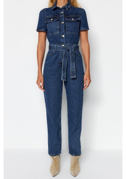 Kadın Moda Standart Kol Boru Paça Ceket Yaka Düz Desen Uzun Kemerli Denim Tulum