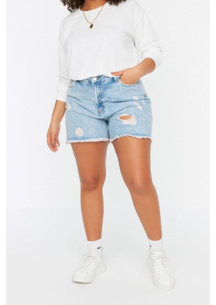 Büyük Beden Moda Denim Yüksek Bel Geniş Paça Gündelik Mavi Şort Bermuda
