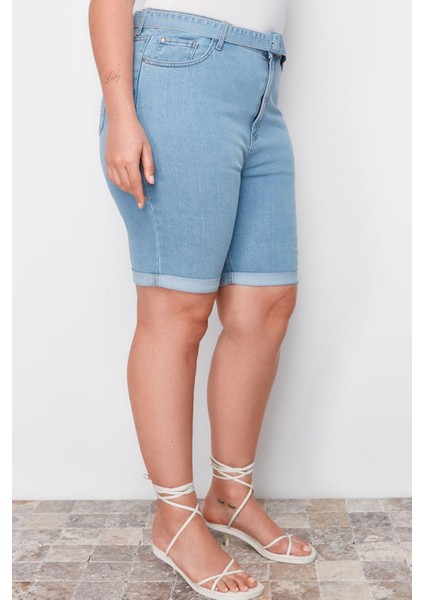 Büyük Beden Moda Denim Yüksek Bel Dar Paça Gündelik Açık Mavi Kemerli Esnek Skinny Denim Şort